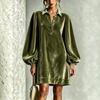 Women's Color Velvet Long Sleeve Shirt Dress with Sleeves for Everyday Wear