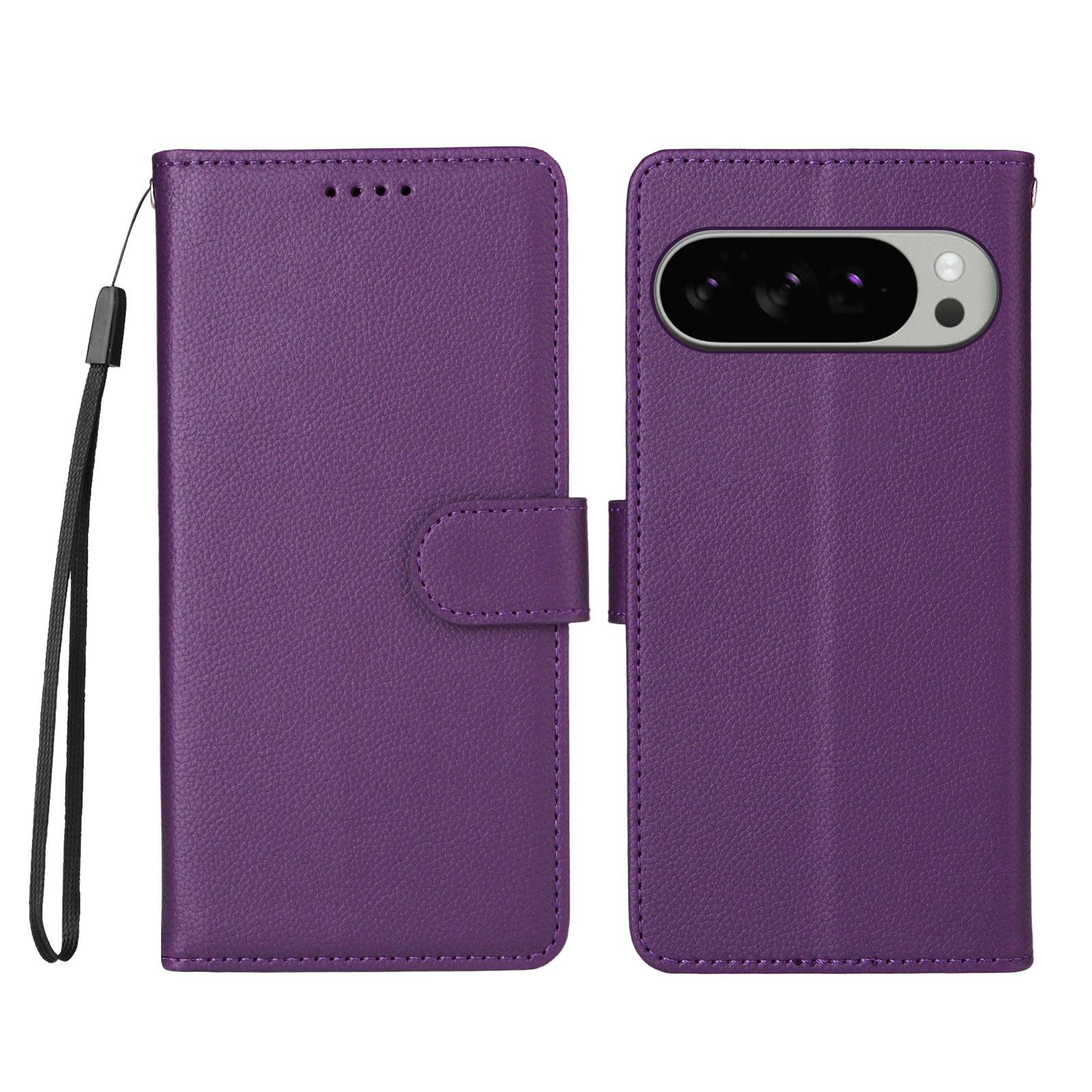 

For Google Pixel 9 Pro XL/Google Pixel 10 Pro XL Case RFID Blocking 3 Card Slots PU Leather Phone Cover with Wrist Strap Purple