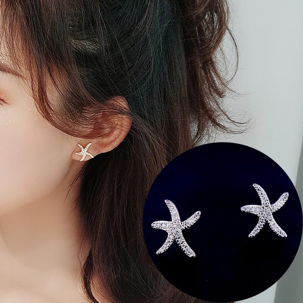 Women Starfish Shape Diamante S925 Silver Needle Zircon Earrings