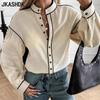 Women's Fashion Casual Spring Autumn Colour Block Print Long Sleeve Stand-Neck Blouses & Shirts