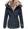 Women's Winter Faux Fur Collar Cotton Padded Jacket - Slim Fit, Long Sleeve, Zipper Hooded Overcoat