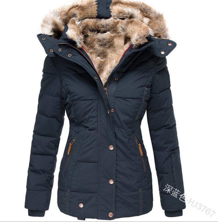 Women's Winter Faux Fur Collar Cotton Padded Jacket - Slim Fit, Long Sleeve, Zipper Hooded Overcoat