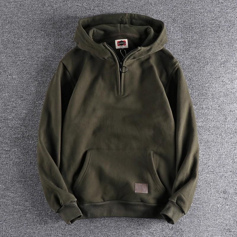 500g Heavyweight Half-Zip Men's Hooded Sweatshirt - Vintage Japanese-Style Trendy Youth Top