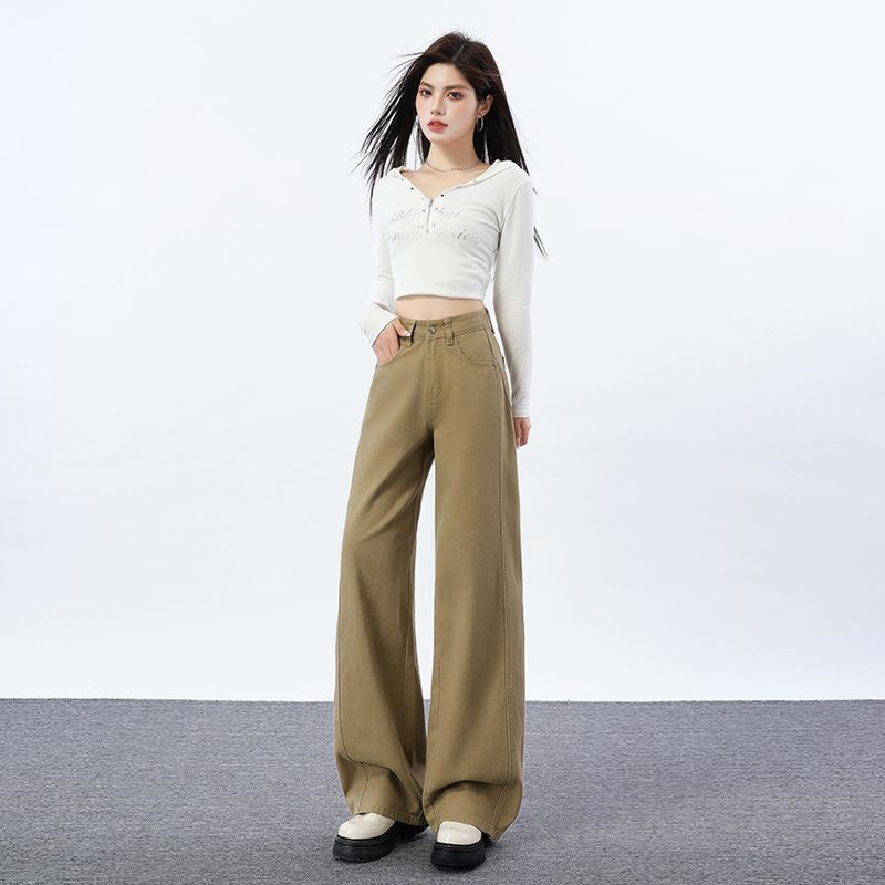 Spring Summer Vintage Raised Side Seam Unique Design Slim Floor Wide Leg Denim Pants For Women Casual Pants Oversize Denim Trousers