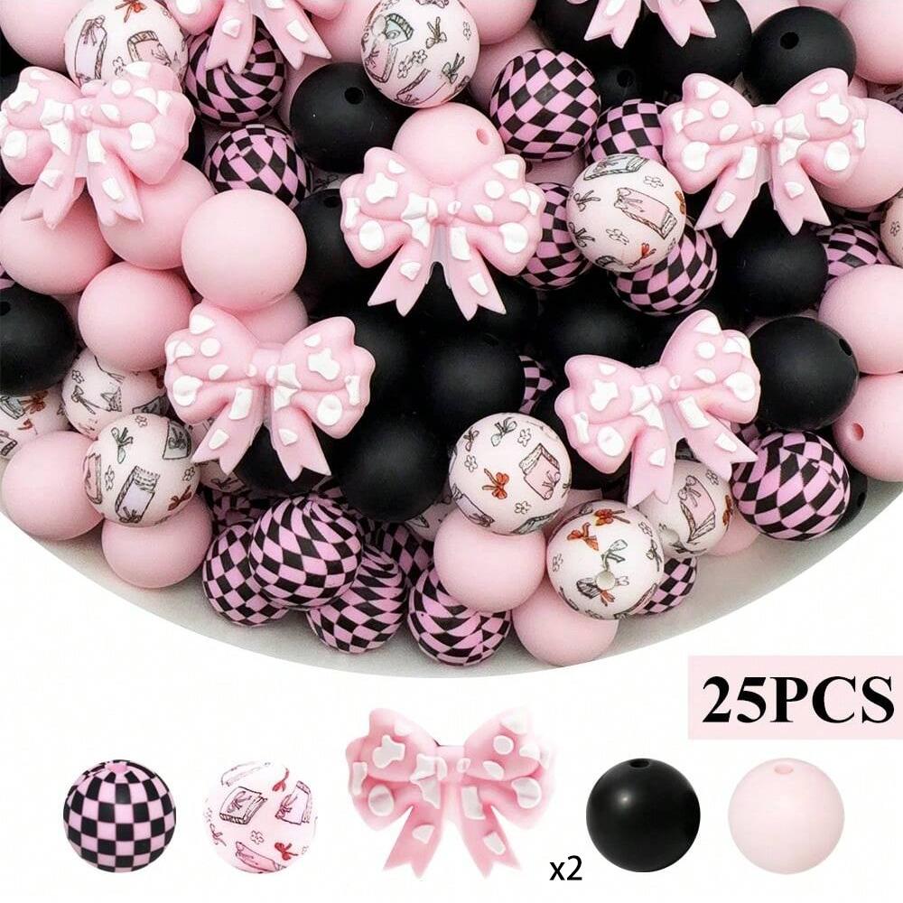 

25/32/33PCS pink bow series silicone bead set, perfect for DIY handmade crafts such as keychains, necklaces, bracelets, etc