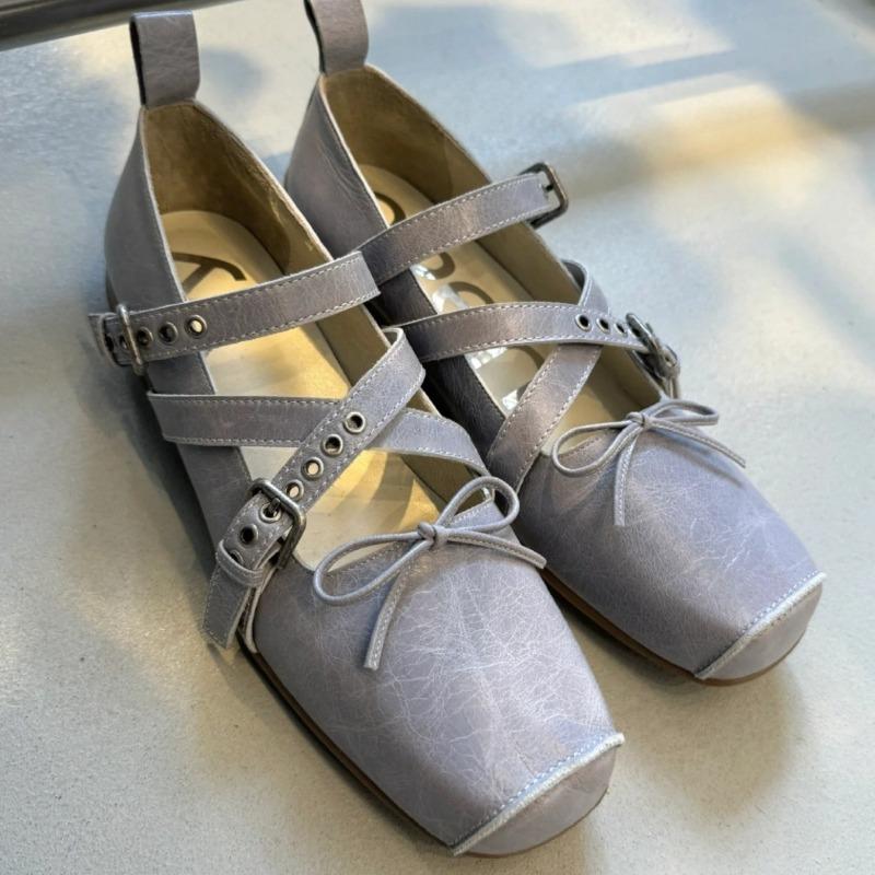 Sheepskin version~ Square head pig nose Mary Jane shoes women's shallow mouth bow ballet leather shoes