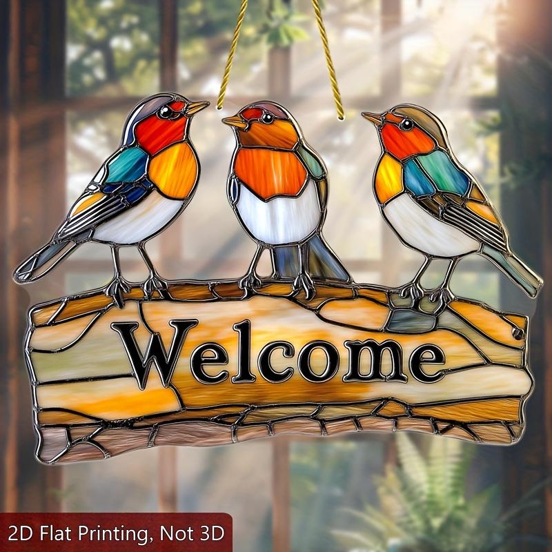 

2D Flat Bird Suncatcher Acrylic Hanging Sign, Three Colorful Birds on Wooden Welcome Plaque, Lightweight Seasonal Garden Decor, Bird Theme, 20*14cm