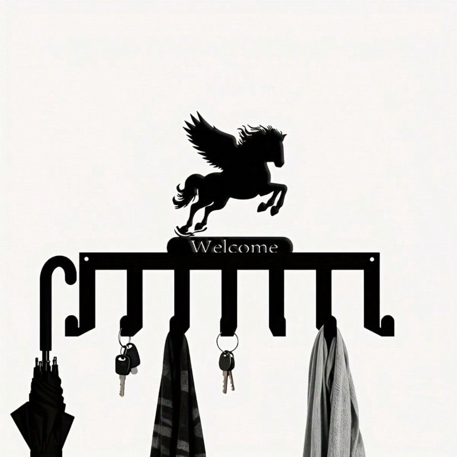 Nordic White Horse Key Holder Metal Wall Art 7 Hooks Animal Theme Christmas Gift