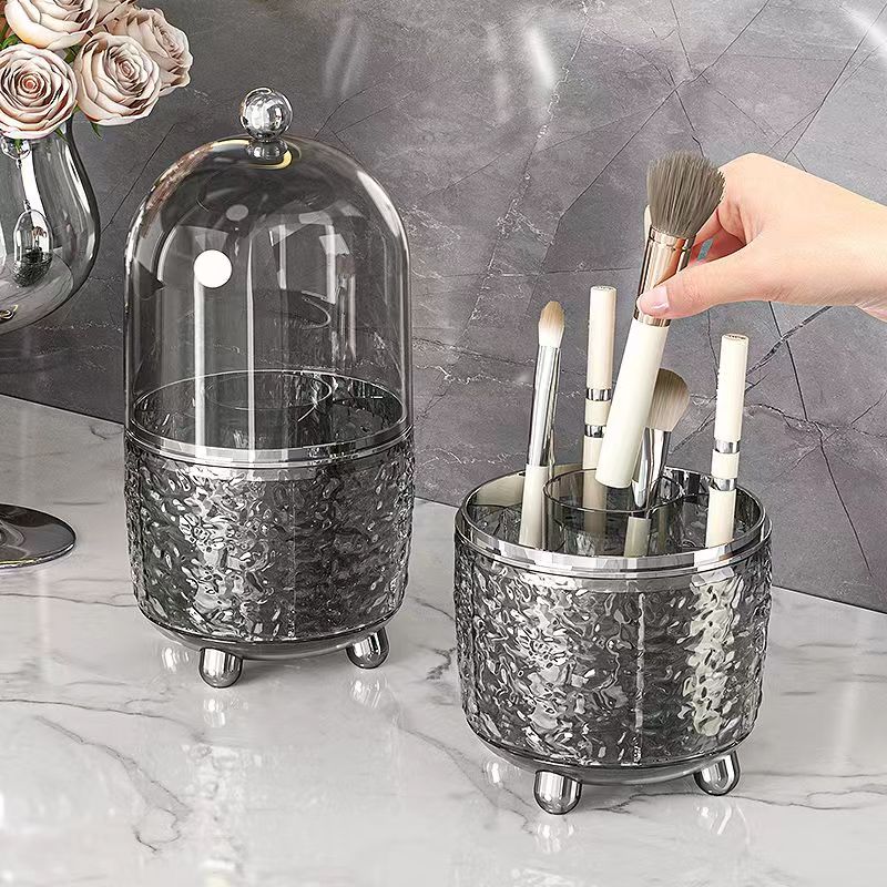 Porta pennelli da trucco trasparente con coperchio, girevole a 360°, antipolvere, organizer per pennelli da trucco, per scrivania, cosmetici, scatola portaoggetti