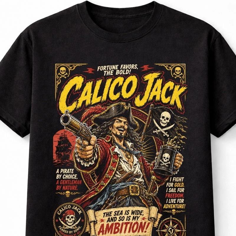 Calico Jack Pirate Captain Skull Flag Buccaneer Graphic Unisex TShirt S