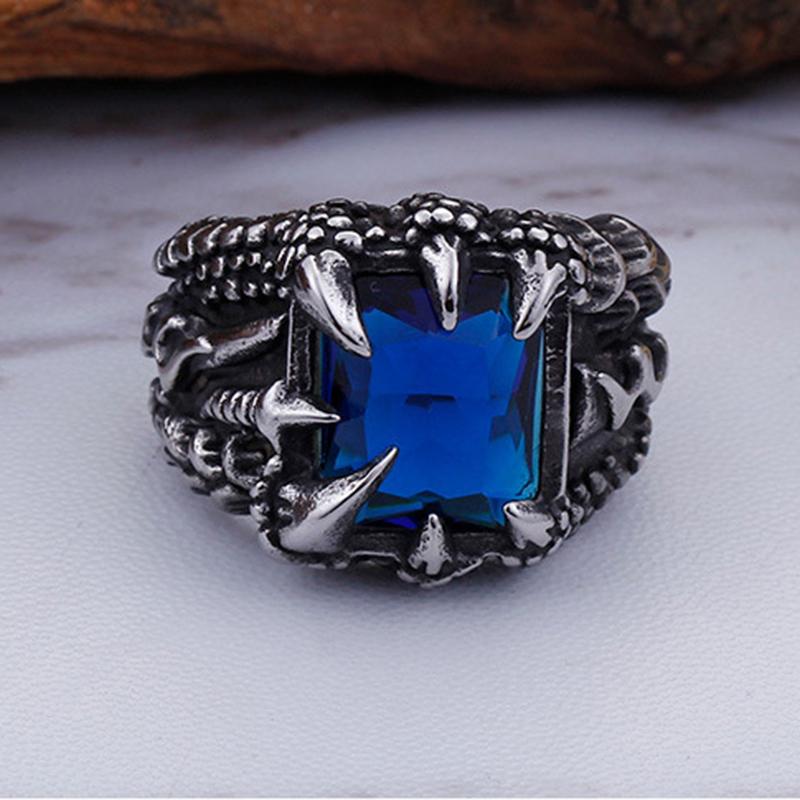 Punk Retro Signet White Red Blue CZ Crystal Zircon Dragon Claw Ring Men Women Stainless Steel Biker Rings Jewelry
