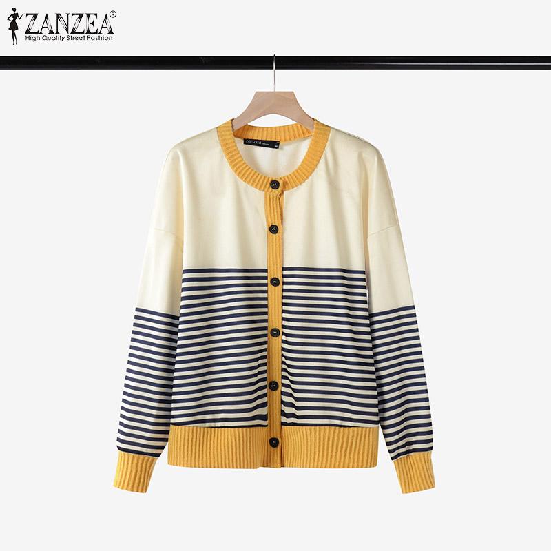 ZANZEA Womens Round Neck Long Sleeve Casual Stripe Blouse