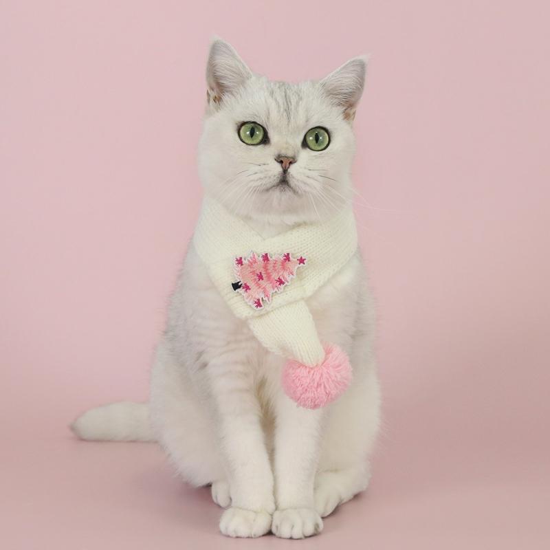 Cat Dog Knitted Scarf Christmas Tree & Bell Embroidery Neck Warmer with Pompom Ball Xmas Party Pet Dress-up Costume Accessories