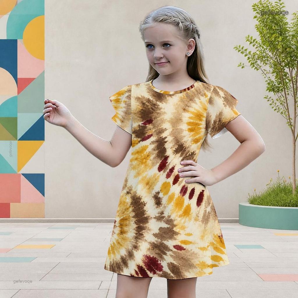 Girls Round Neck Flutter Sleeve A Line Abstract Printed Dress