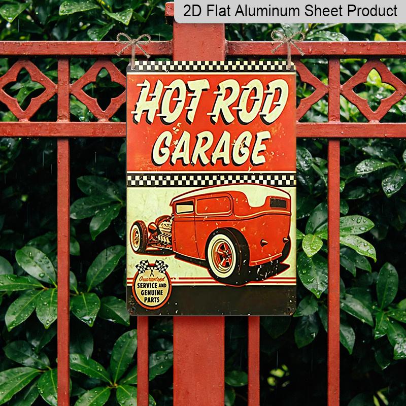 2D Flat, 1pc Vintage Hot Rod Garage Metal Sign - 8x12 Inch Retro 1950s Style Classic Hot Rod Car & Checkered Racing Design - Durable Aluminum Wall