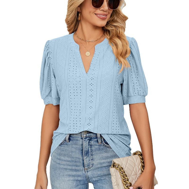 Summer Casual V-neck Solid Color Hollow Bubble Sleeve Loose T-shirt Top for Women Shirt