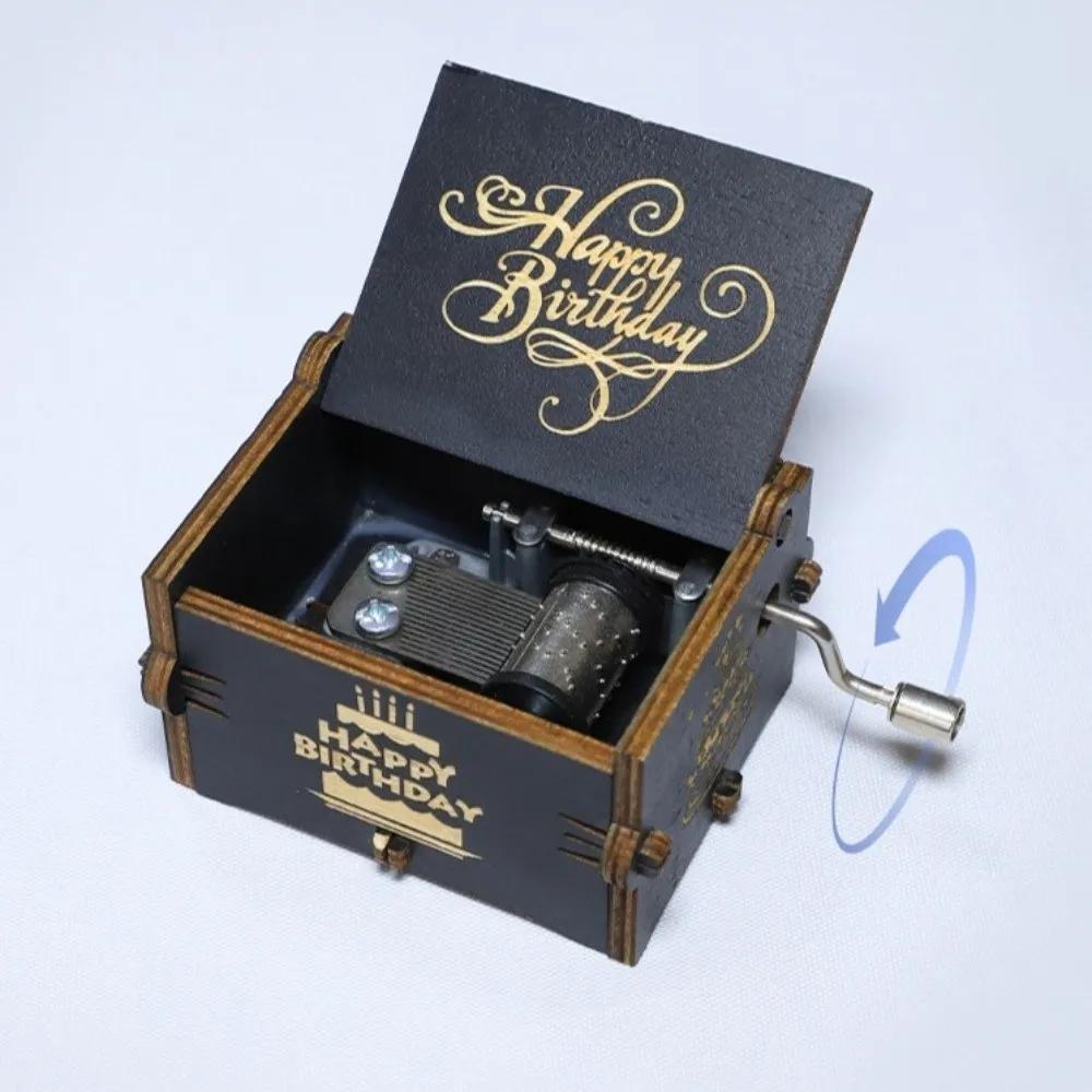 New Star Wooden Music Box Happy Birthday Hand Crank Carved Musical Box Blue Classical Light Luxury Music Gifts Birthday Gifts