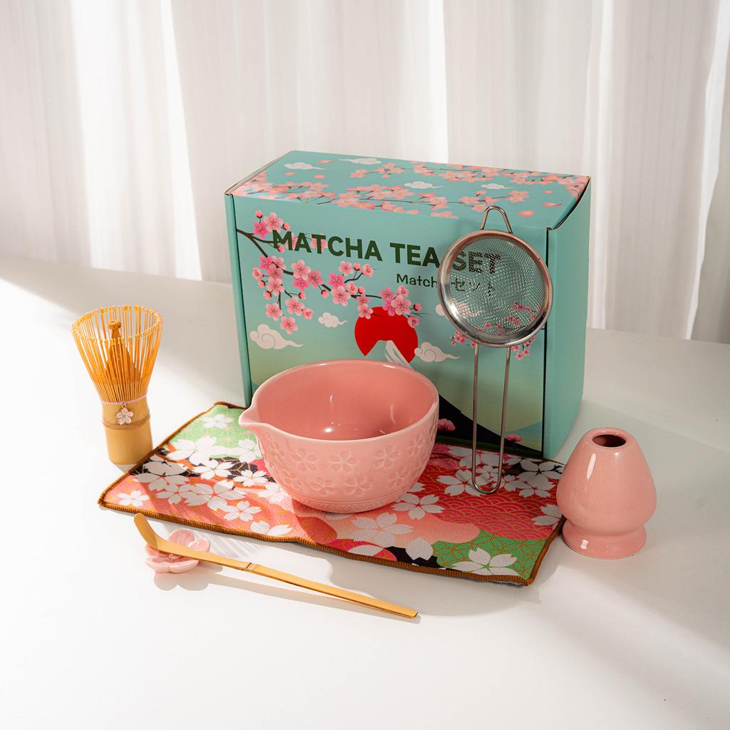 Japanese Matcha Tea Set With Cherry Blossom Pattern, Bamboo Whisk, Ceramic Matcha Bowl, Matcha Making Kit, Tea Utensils Set Gift