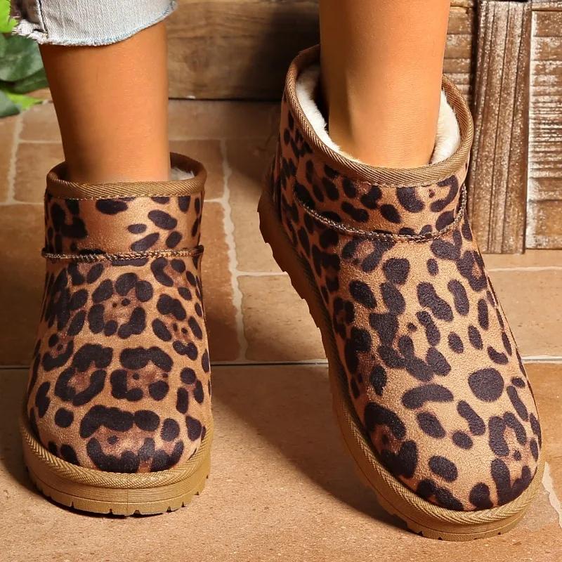 2024 High Quality Women's Shoes Ankle Women's Boots Warm Snow Boots Women Leopard Print Round Toe Slip On Flat with Shoes Women