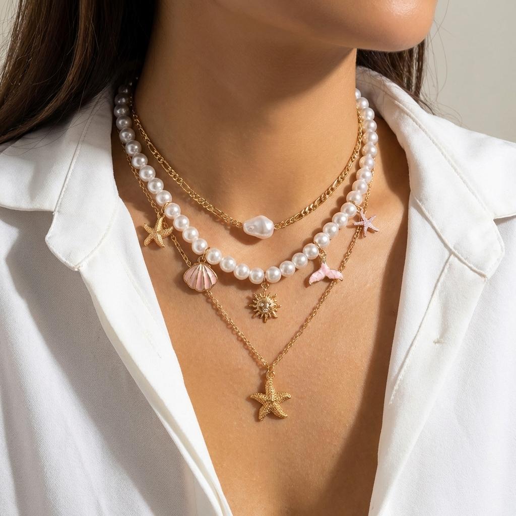 Bohemian Beach Shell Conch Beaded Necklace for Women Ocean Style Seashell Starfish Sun Pendant Choker Vacation Party Jewelry