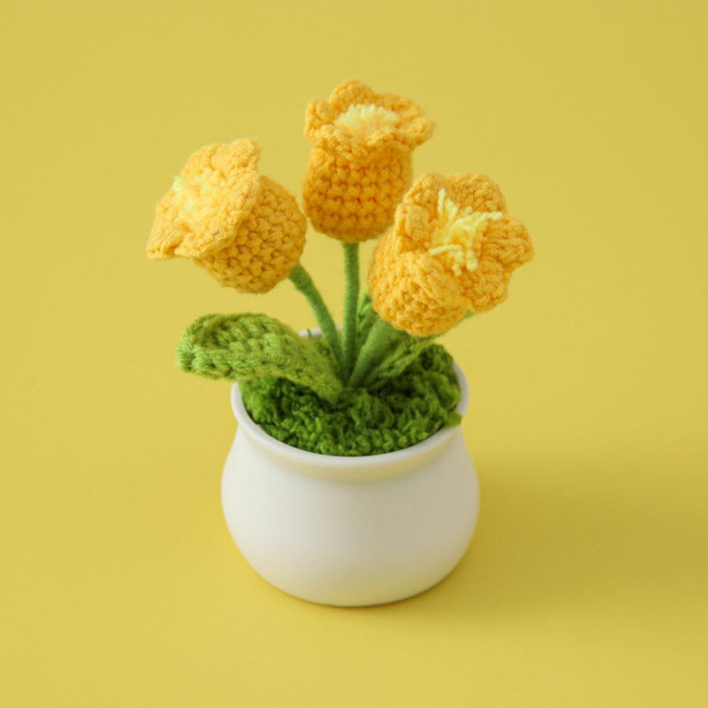 DIY Handwoven Mini Potted Flower Rose Tulip Daisy Office Desktop Ornamental Plant Woolen Thread Finished Product Home Decoration