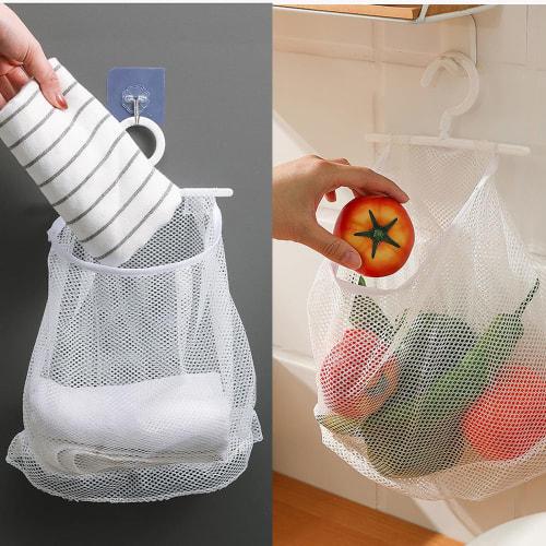 Dekori Laundry Basket with Hooks, Set of 2, Wall-Mounted Laundry Storage Basket with Clothes Drying Net, Clothespin Storage, Makeup Brush Drying Net,