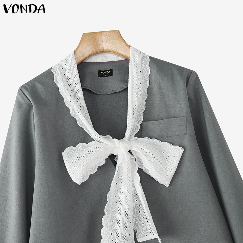 VONDA Women Casual Low Cut Neck Lace Bow Knot Long Sleeve Elegant Office Blouse