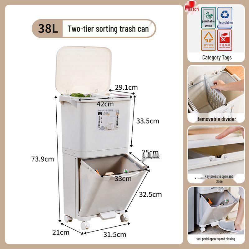 JEKO Elevated Kitchen Trash Can with Lid, Push-to-Open, Large Capacity, Double Layer for Dry/Wet Separation