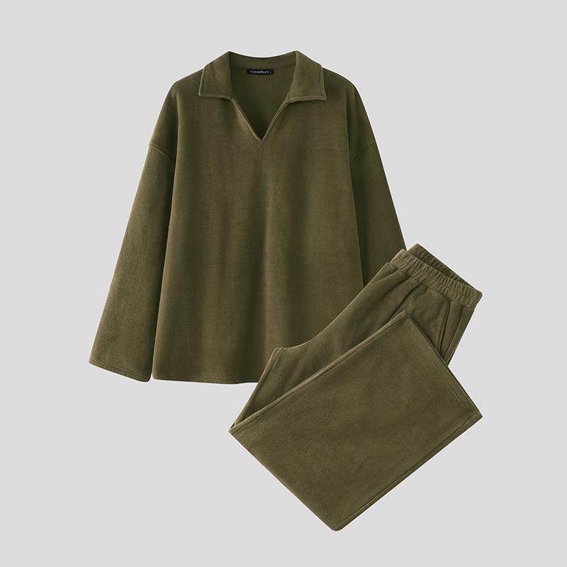 INCERUN Two Pieces Sets Winter Autumn Men Long Sleeve Furry Pullovers Long Pants Casual Outfits