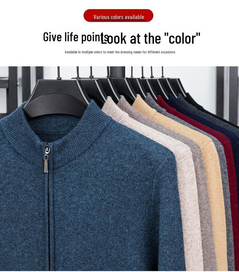 Märkes herrkofta i 100 % ull med dragkedja, avslappnad och mångsidig, tjock varm stickad plagg för unga och medelålders män