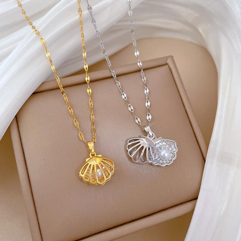Light Luxury Full Diamond Slightly Inlaid Zircon Empty Shell Pearl Necklace Copper Electroplated Real Gold Pendant Wind