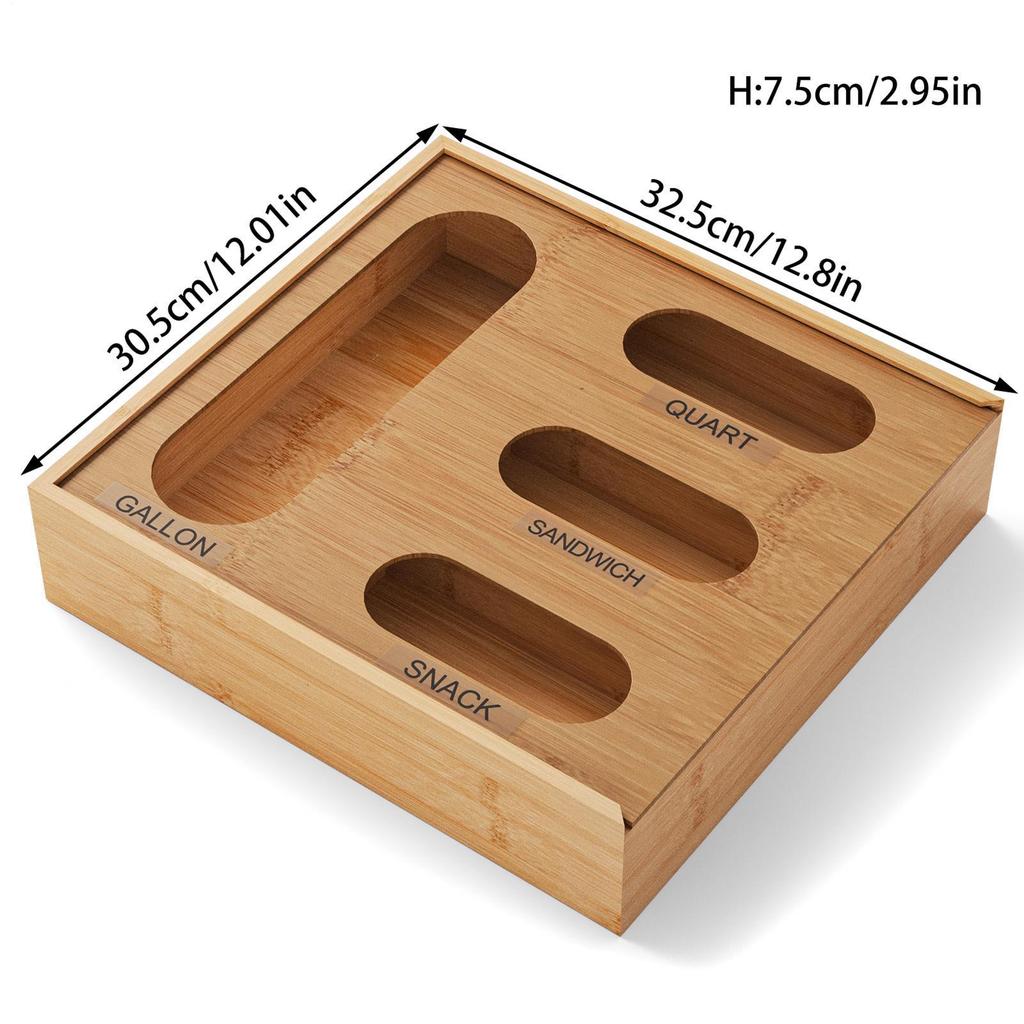 Bamboo Wood Drawer Baggie Organizer With 4 Compartments Fresh-keeping Kitchen Container Storage Bag Organizer Kitchen Drawer