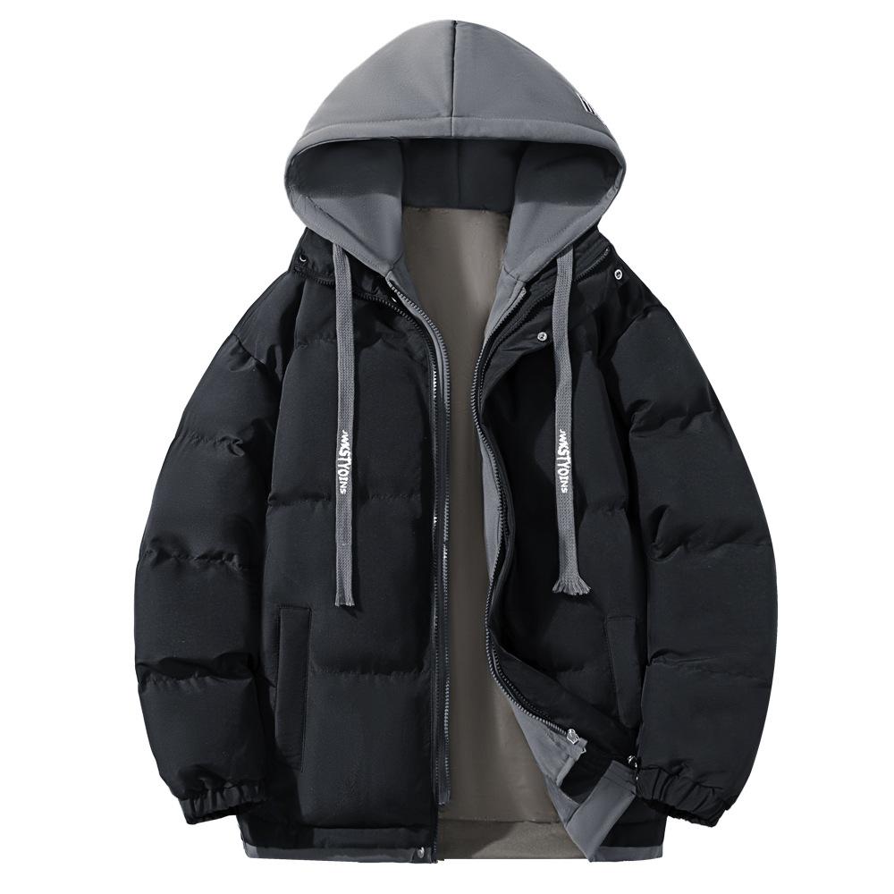 Gefälschte zweiteilige Baumwolljacke für Teenager, Winterjacke im koreanischen Stil, dicke Baumwolljacke, neue Winterjacke mit Kapuze für Herren aus Baumwolle