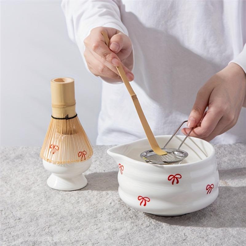 AAAF 5 Pieces Of White Decal Matcha Set Set Includes Matcha Bowl, Matcha Mixer And Holder Bamboo Spoon, Sieve (as the picture,NONE)