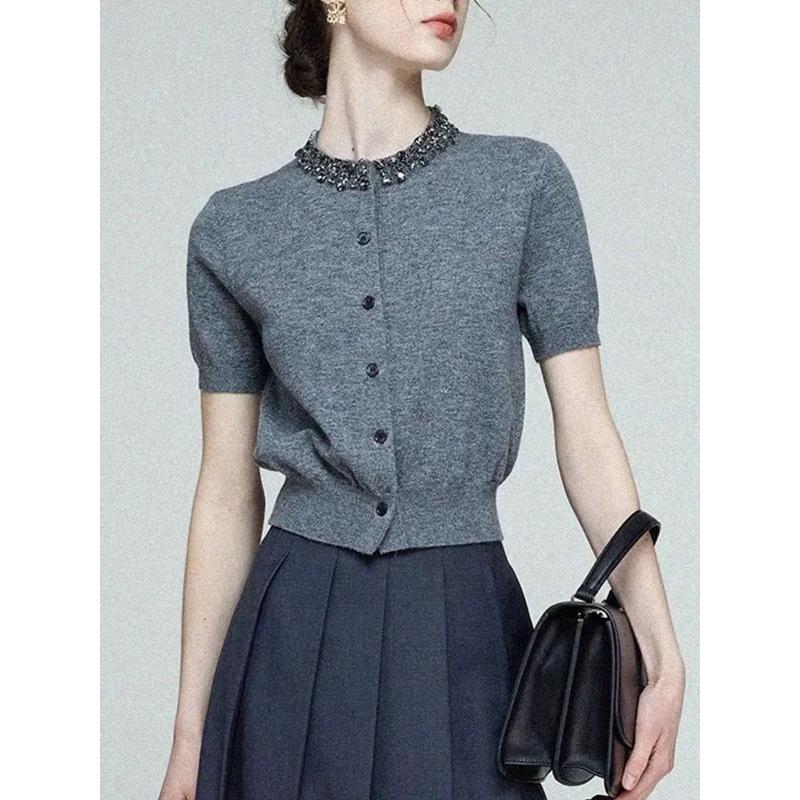 

Diamond Short Sleeved Summer Ice Silk Stylish Small Shirt Top L сірий колір