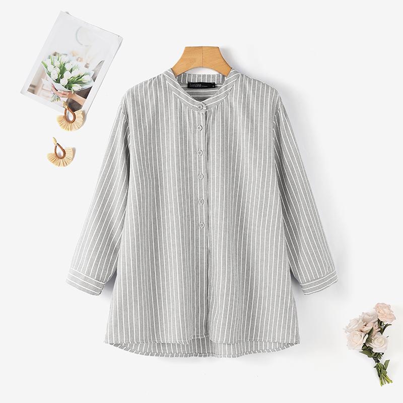 ZANZEA Women Casual Round Neck 3/4 Sleeve Loose Stripe Blouse