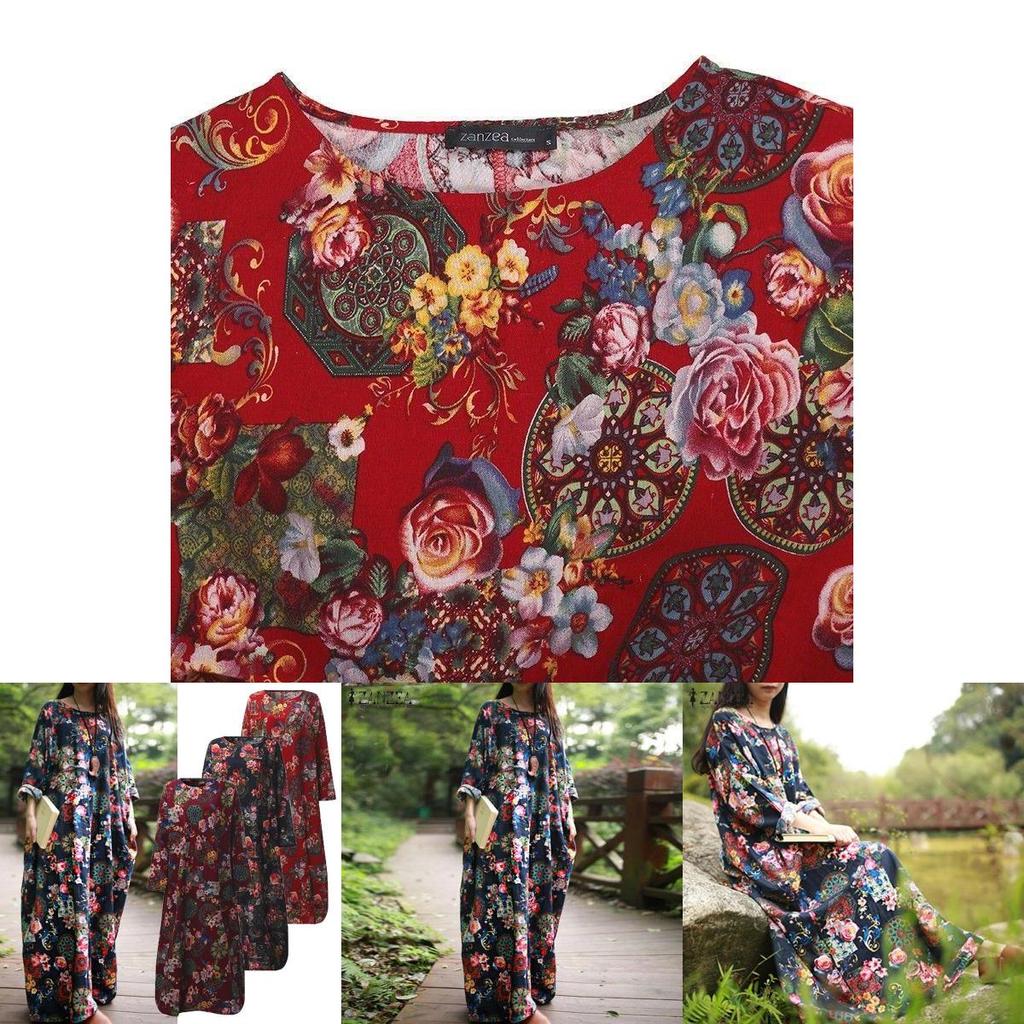 Women Vintage Casual Floral Printed Loose Dress Kaftan With Premium Quality Cotton Material