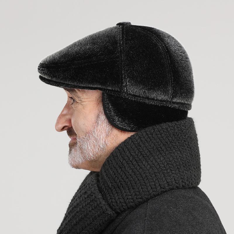 

Winter Faux Fur Newsboy Cap with Earflaps Beret Style Peaked Flat Cap Warm Elderly Men s Flat Cap for Cold Weather M 56-58cm чёрный