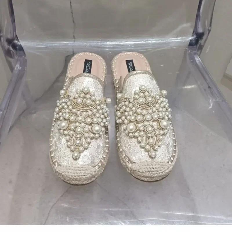 Mode 2025 Neue String-Perlen Halbschuhe Frühling Pantoletten Damen Schuhe Perle Hanf Damen Baumwollstoff Spitze Schuhe