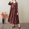 Spring and Summer New Style Retro Cotton and Hemp Round Collar Pocket Long-sleeved Dress Female Loose Thin A Line Skirt