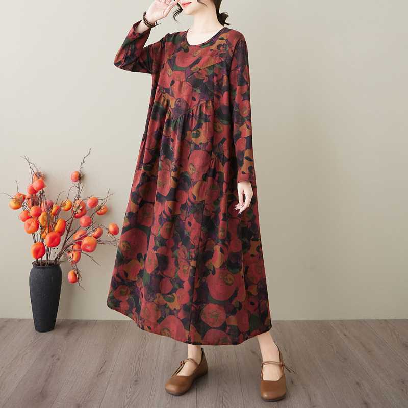 Spring and Summer New Style Retro Cotton and Hemp Round Collar Pocket Long-sleeved Dress Female Loose Thin A Line Skirt