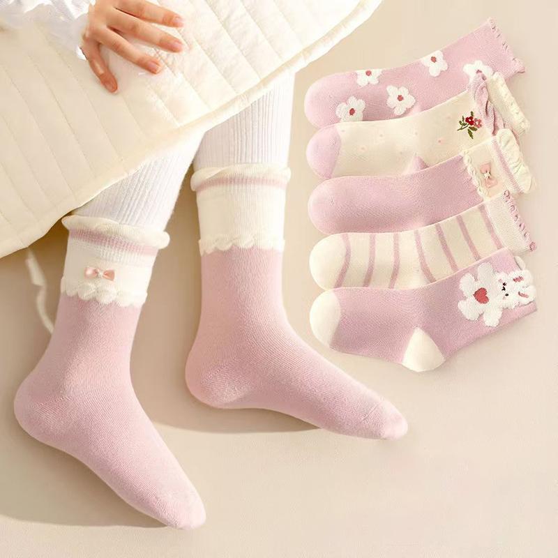 5Pairs Fashion Stripe Number Socks Children Boys Sport Sock Pink Rabbit Baby Girl Middle Tube Sock Ruffle Brim Kids Cotton Socks