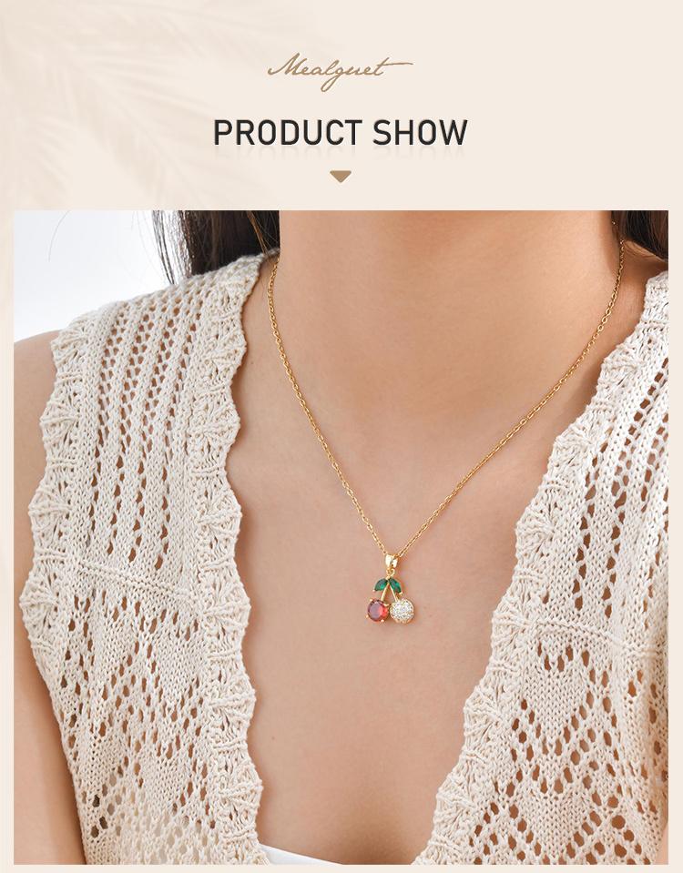 Delicate Red Cherry Pave Zirconia Pendant Necklace for Women, Fruit Summer Jewelry