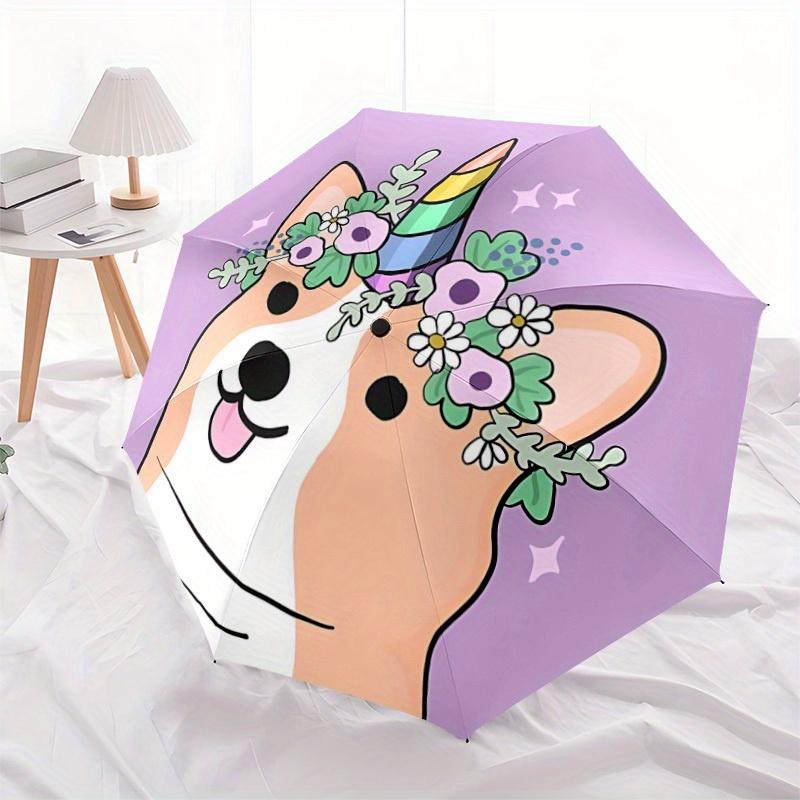 1pc Unicorn Corgi Automatic Folding Umbrella Portable Collapsible Design, 8-Rib Iron Frame, Durable Fabric, All-Season Casual Outdoor 145