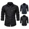 Men Denim Shirt Solid Color Multi Pockets Spring Summer Single Breasted Turn-down Collar Shirt for Office