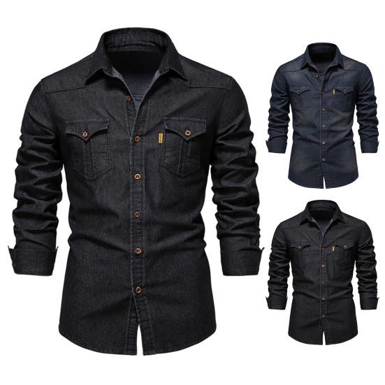 Men Denim Shirt Solid Color Multi Pockets Spring Summer Single Breasted Turn-down Collar Shirt for Office
