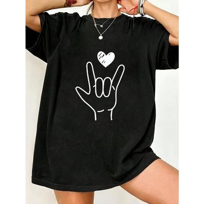 Übergroßes T-Shirt Schwarz Liebeszeichen Handgeste Druck Lässige Streetwear Mode Für Frauen Sommer Outfit