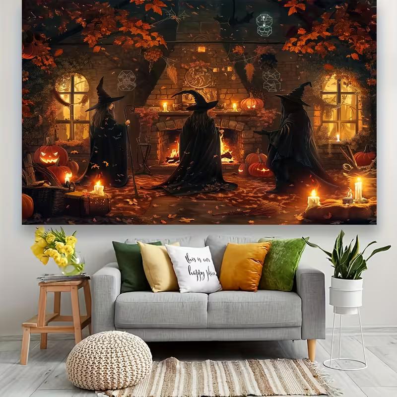 2D Halloween Witch Gathering Tapestry, Autumn Cottage Wall Hanging Background Cloth