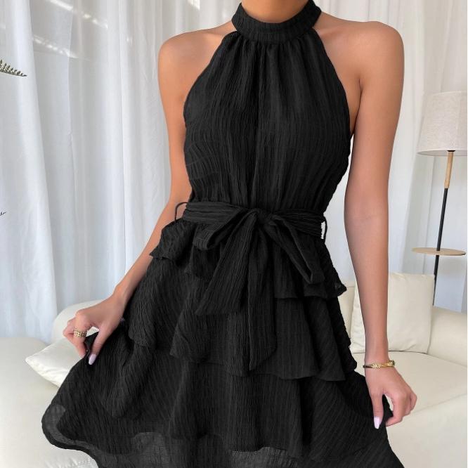 

QICED Весна-лето Женское Лоскутное Платье Без Рукавов С Воланами XL чёрный