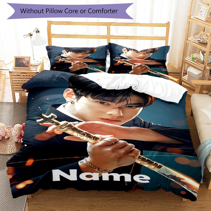 3pcs Custom Name Cha Eun woo Bedding Set Duvet Cover Closure Includes 1 Duvet Cover & 2 Pillowcases, Soft and Comfortable for All Seasons.